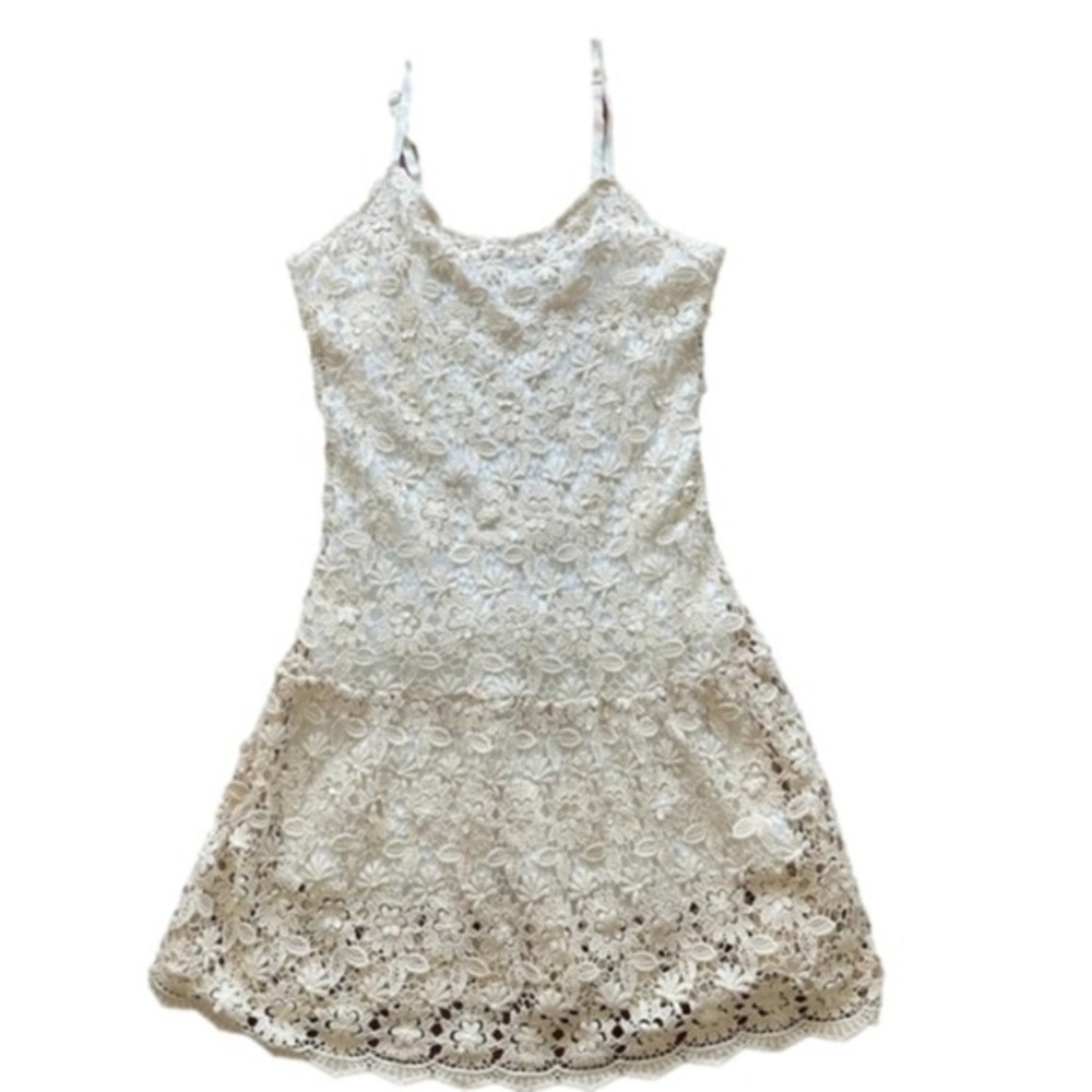 Fate Cream Lace Floral Sheath Mini Dress Spaghetti Straps‎ Zipper Back Size L